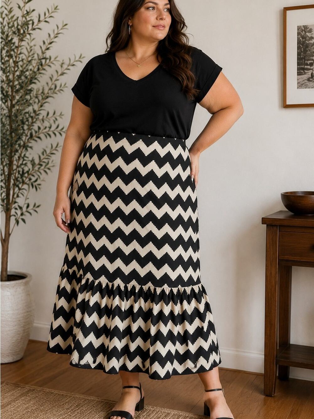 County Road Linen Chevron Print Maxi Skirt Sz 16 Ruffle Hem Country Boho Western